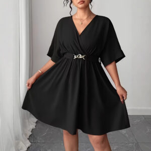 Plus-size New Springsummer Solid-color V-neck Loose-fit Lace-up Womens Dress