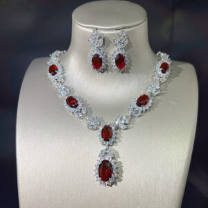 High-end Luxury Bridal Zircon Simulation Ruby Necklace Earrings Opening Ring Women's Color Treasure Full Diamond Elegant Set