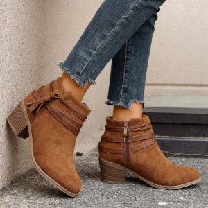 Suede Chunky-heel Womens Boots With Belt Buckle And Side Zipper